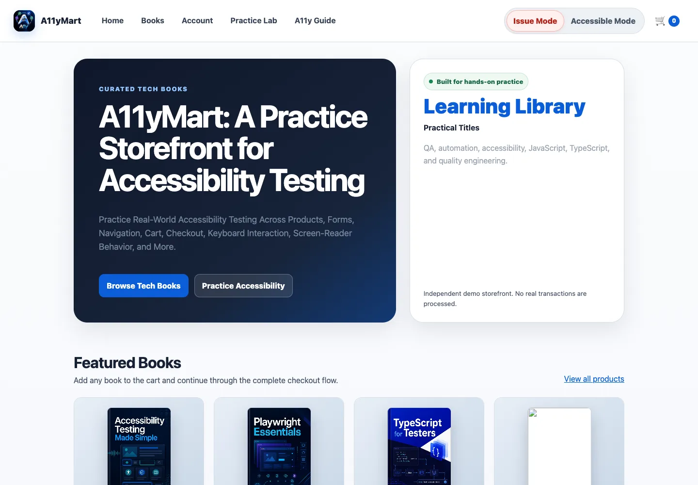 A11yMart storefront in Issue Mode with navigation, mode switcher, learning library, and featured technical books