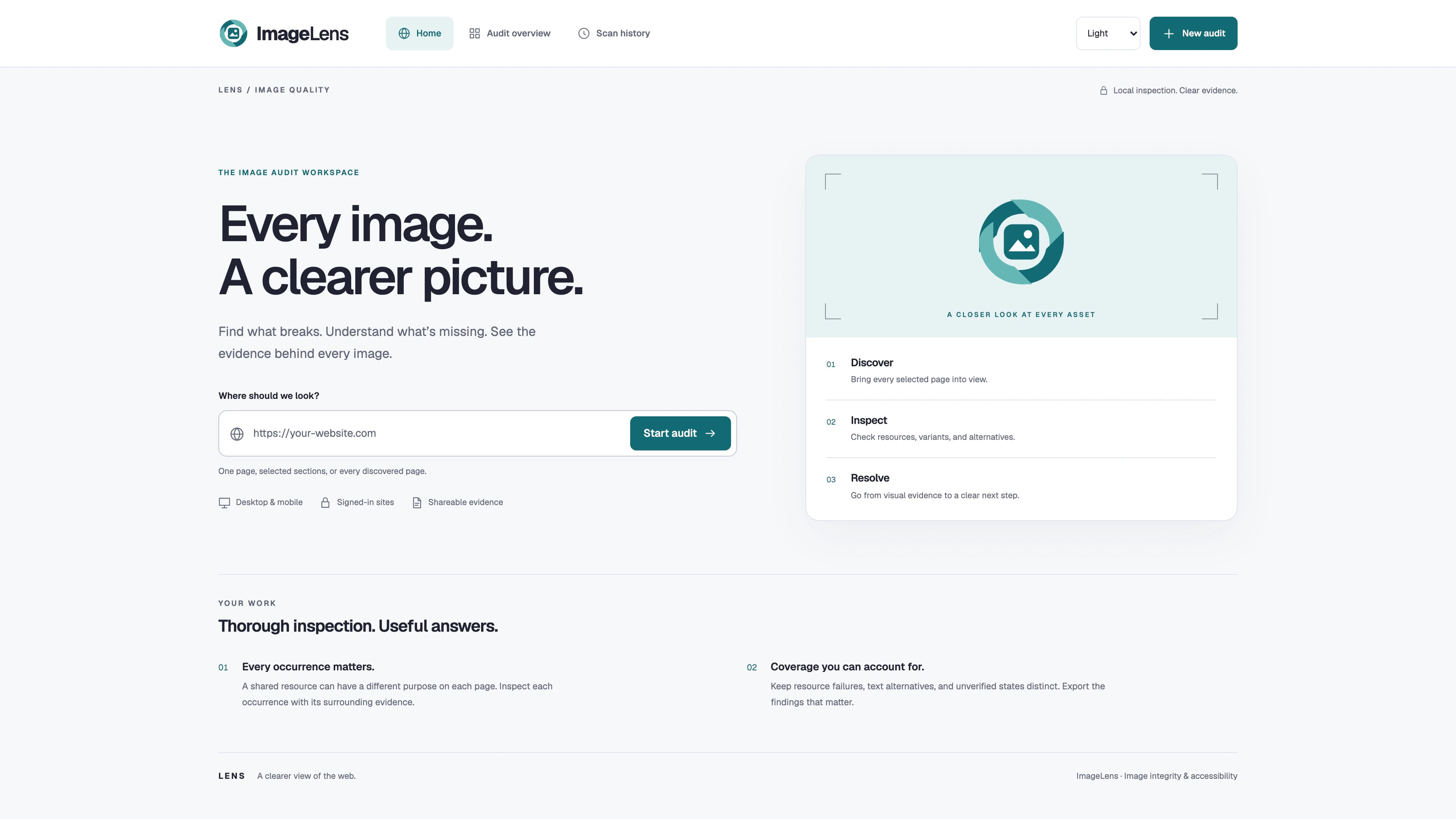 ImageLens light home screen with a URL audit field and the Discover, Inspect, Resolve workflow