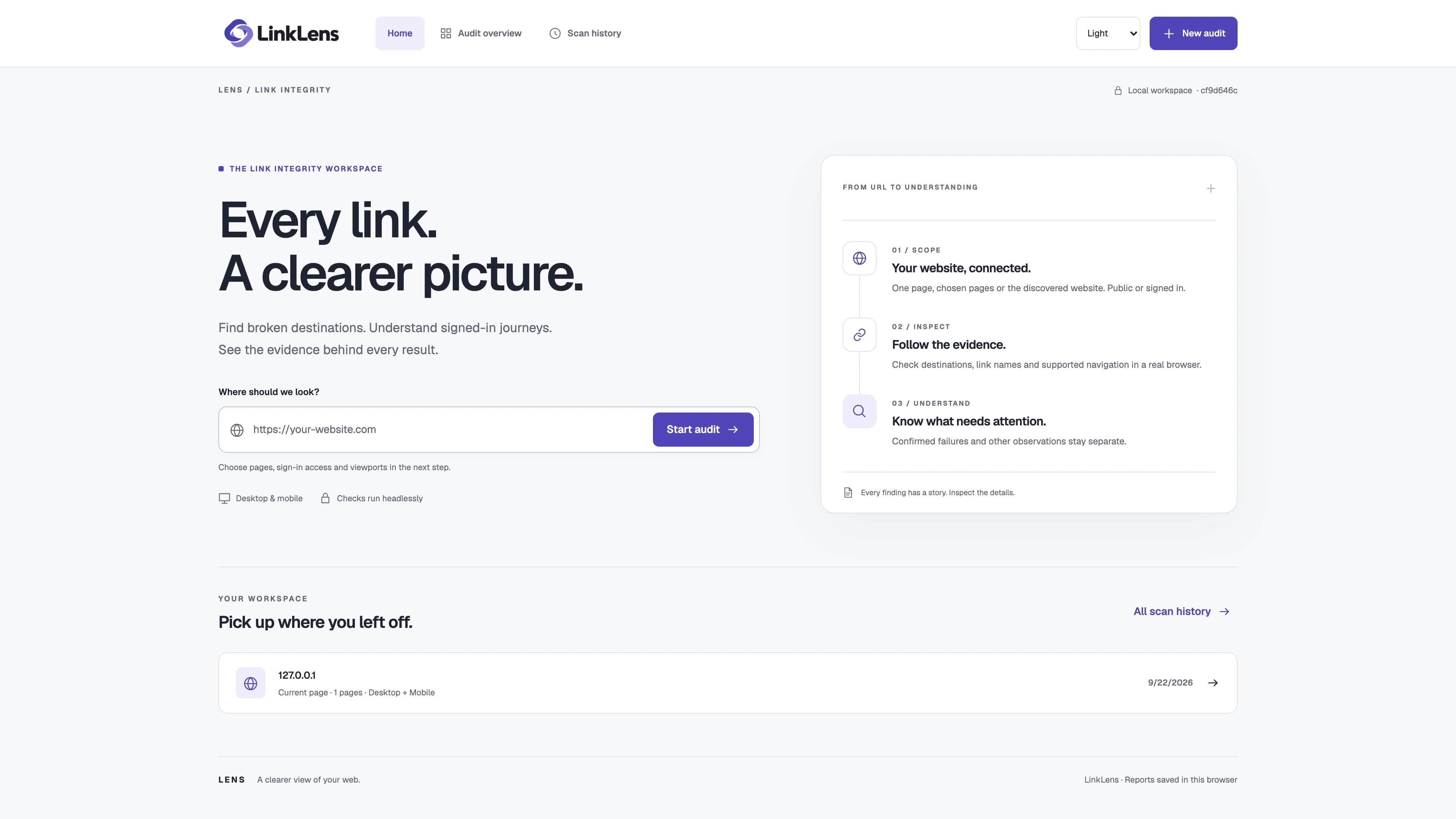 LinkLens light home screen with a URL audit field and the Scope, Inspect, Understand workflow