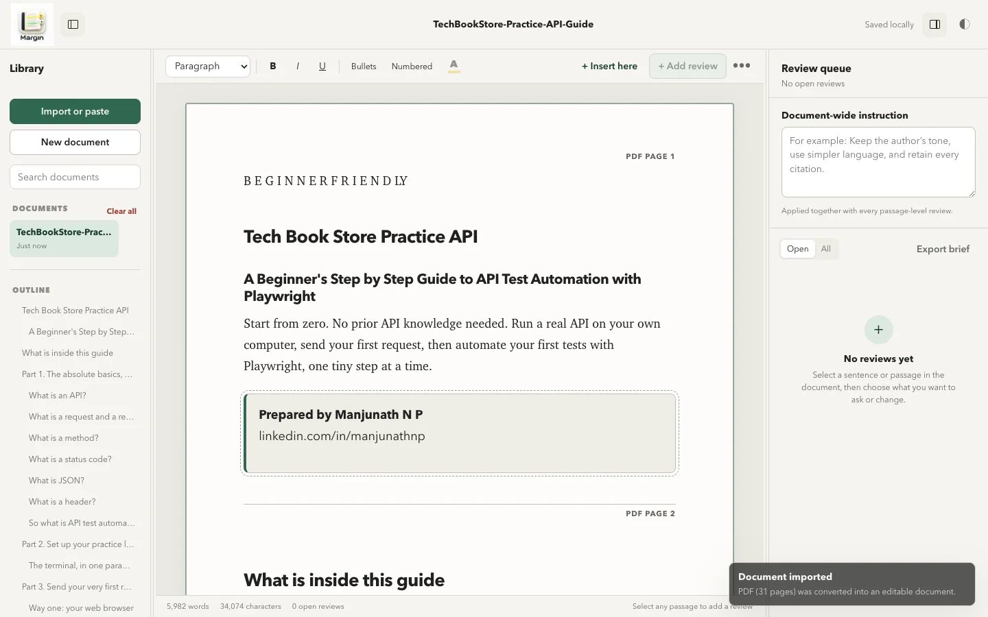 Margin document review workspace with source content, contextual comments, outline, and reviewer queue