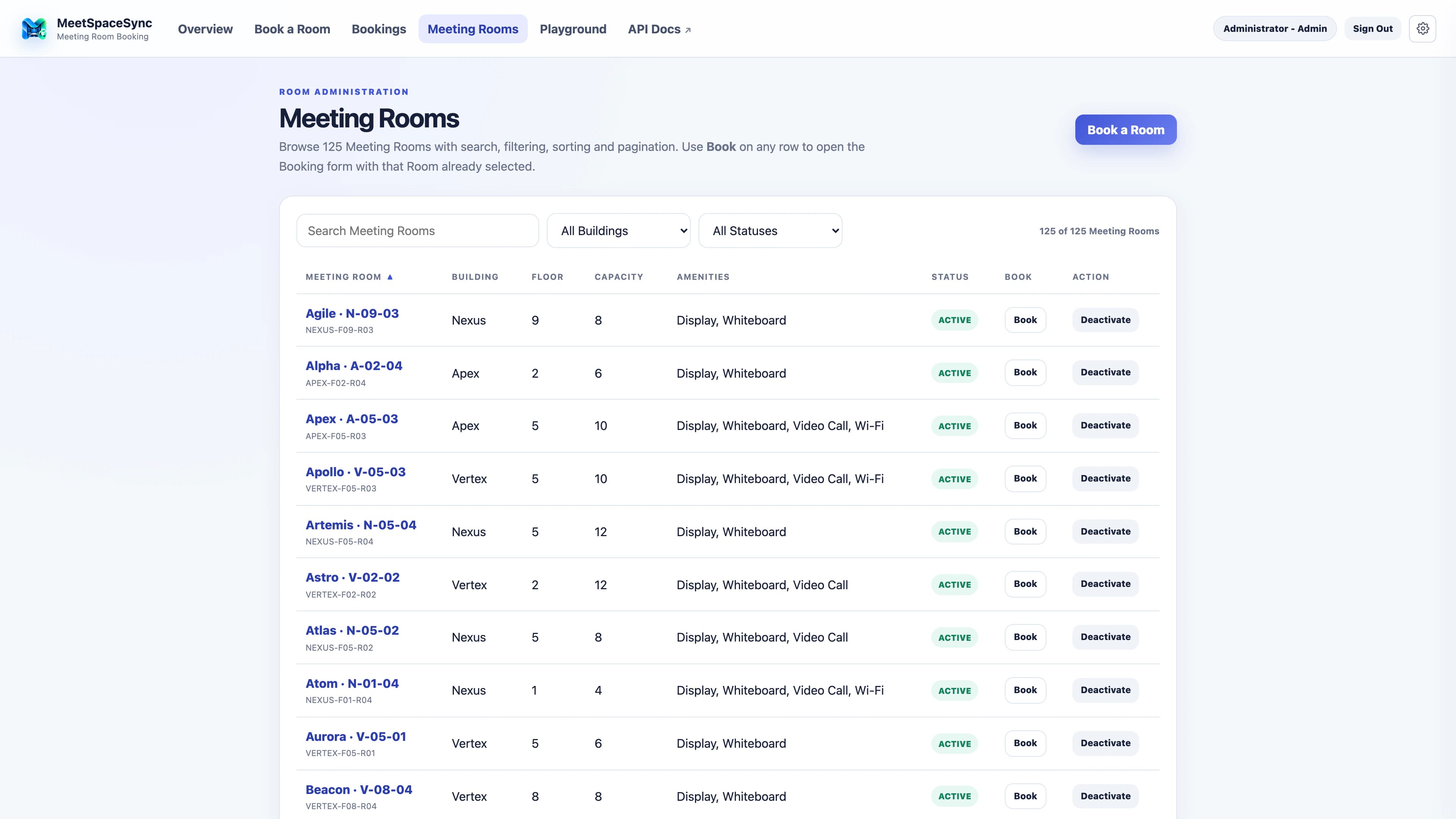 Native 4K MeetSpaceSync room administration table with search, building and status filters, capacity, amenities, booking actions, and room controls