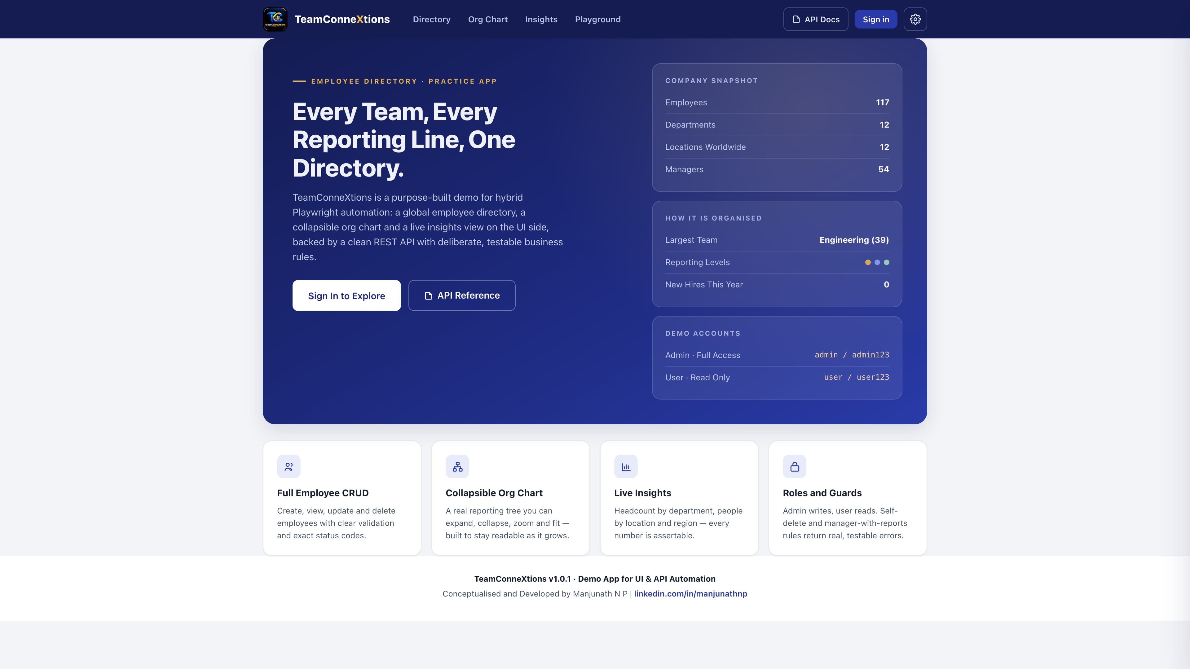 Native 4K TeamConneXtions welcome screen with workforce snapshot, organisation summary, demo access, and product capabilities