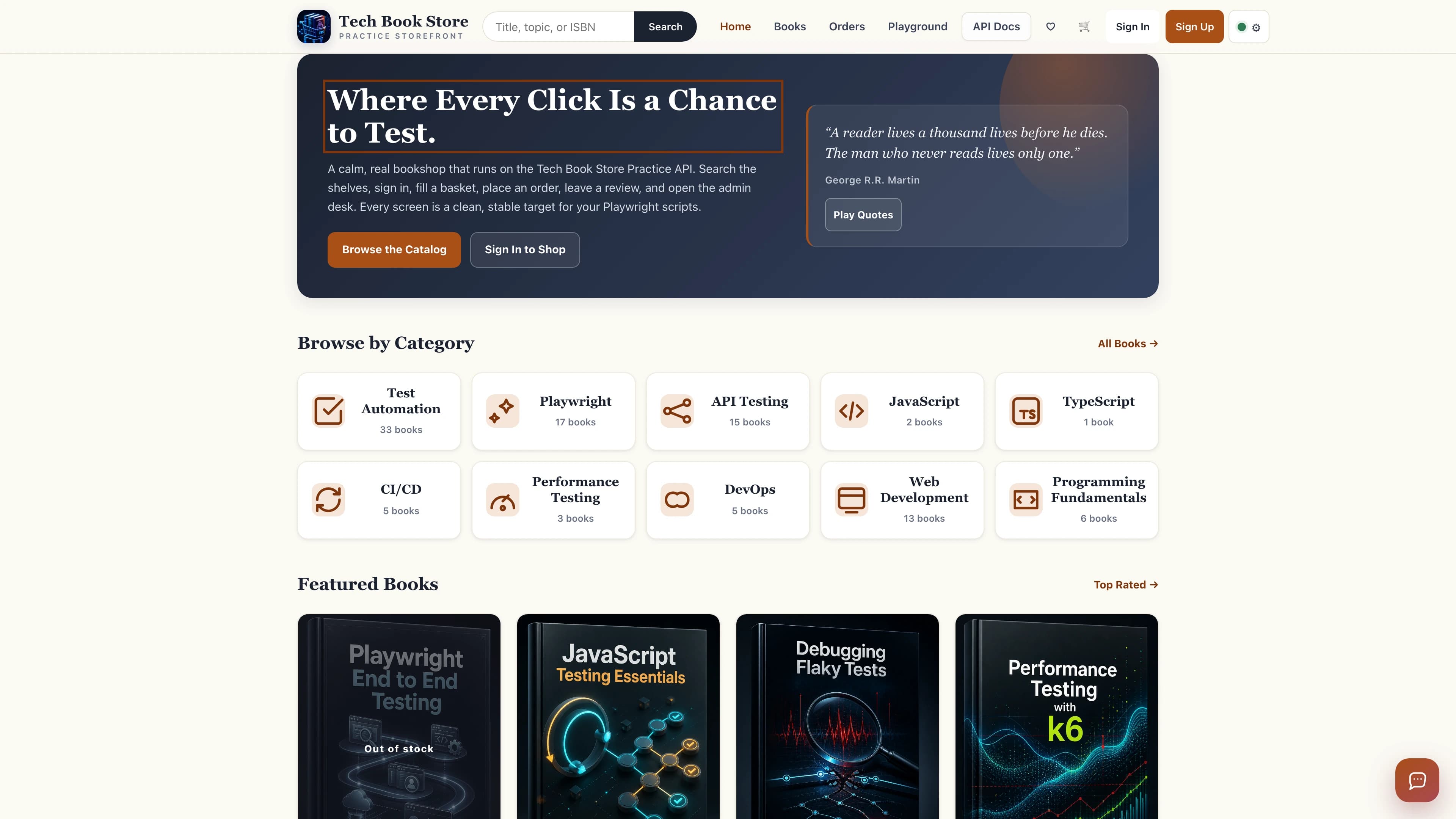 Native 4K Tech Book Store storefront with catalogue categories, featured technical books, search, navigation, and loaded book covers