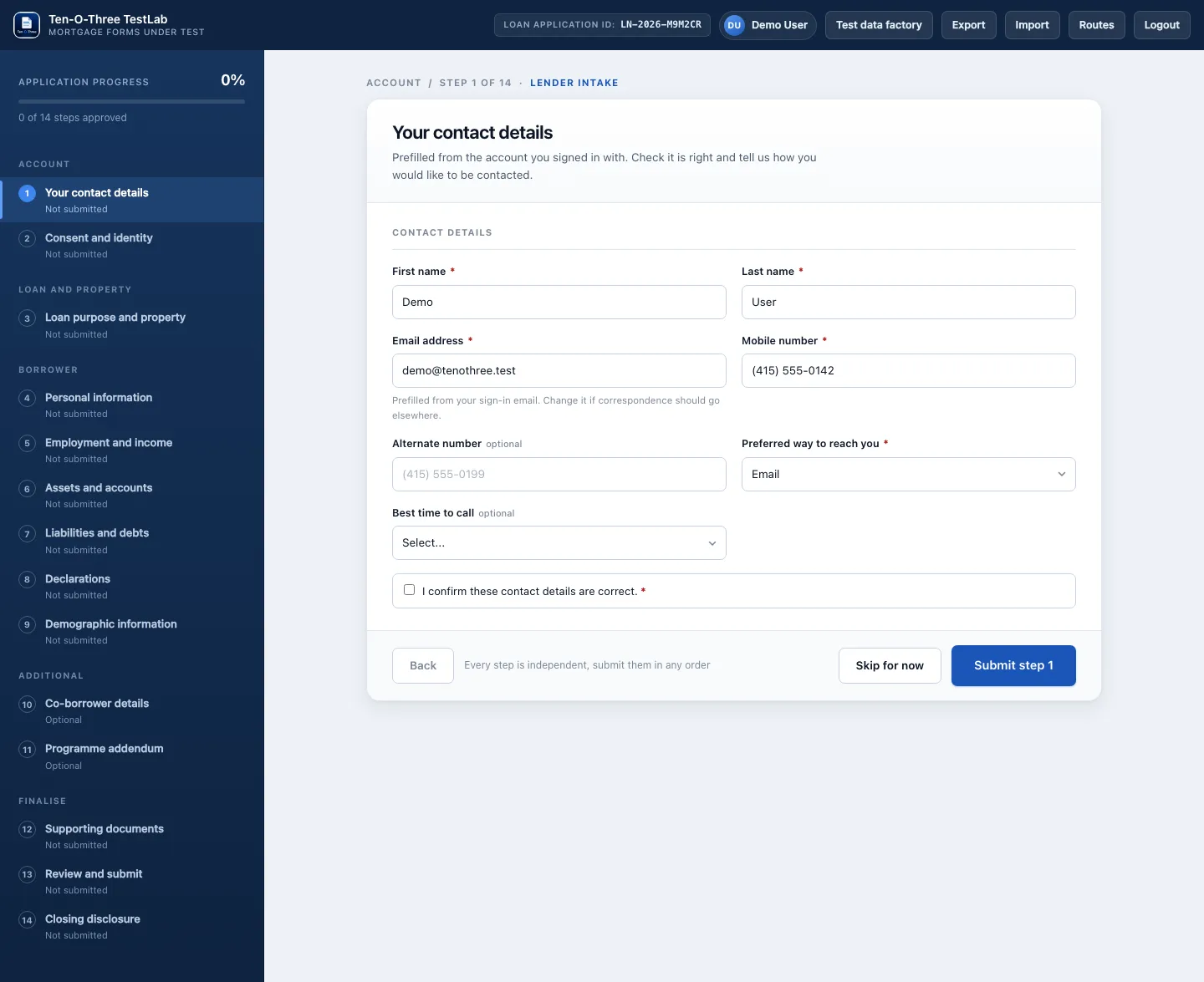 Ten-O-Three Test Lab mortgage application workspace showing its multi-step form and progress navigation