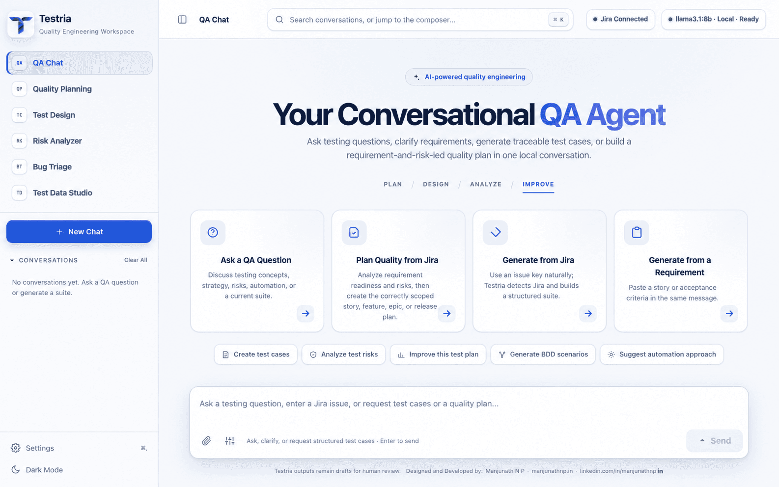 Complete Testria QA Chat start screen showing the updated Testria title and logo, the Your Conversational QA Agent heading, all six modules, and the message composer