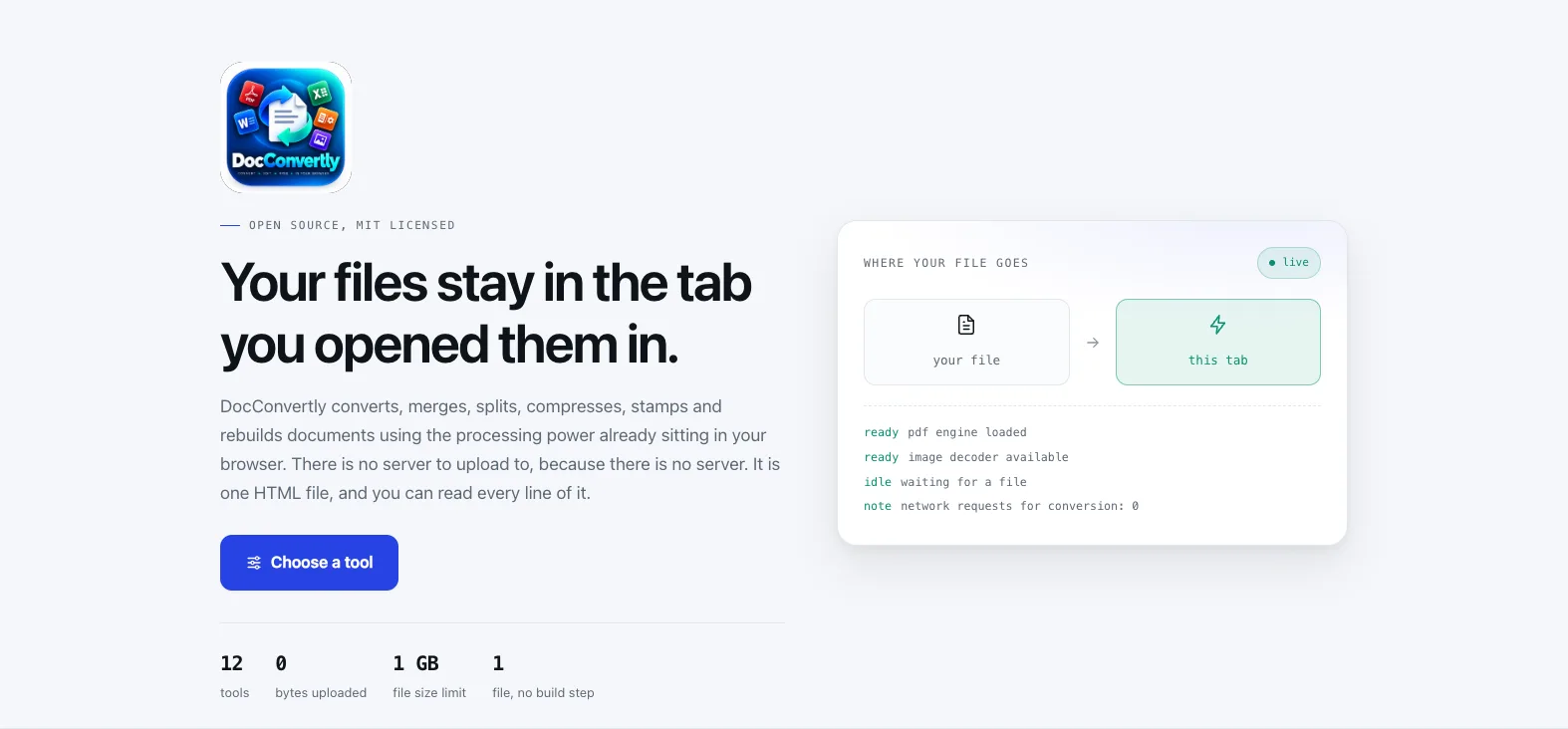 DocConvertly overview presenting private in-browser document conversion and processing