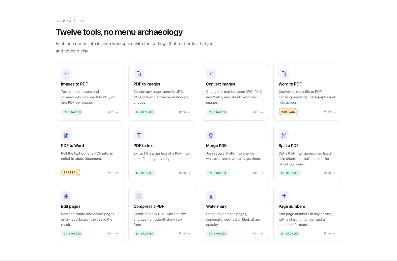 DocConvertly collection of twelve document conversion, PDF, compression, and watermarking tools