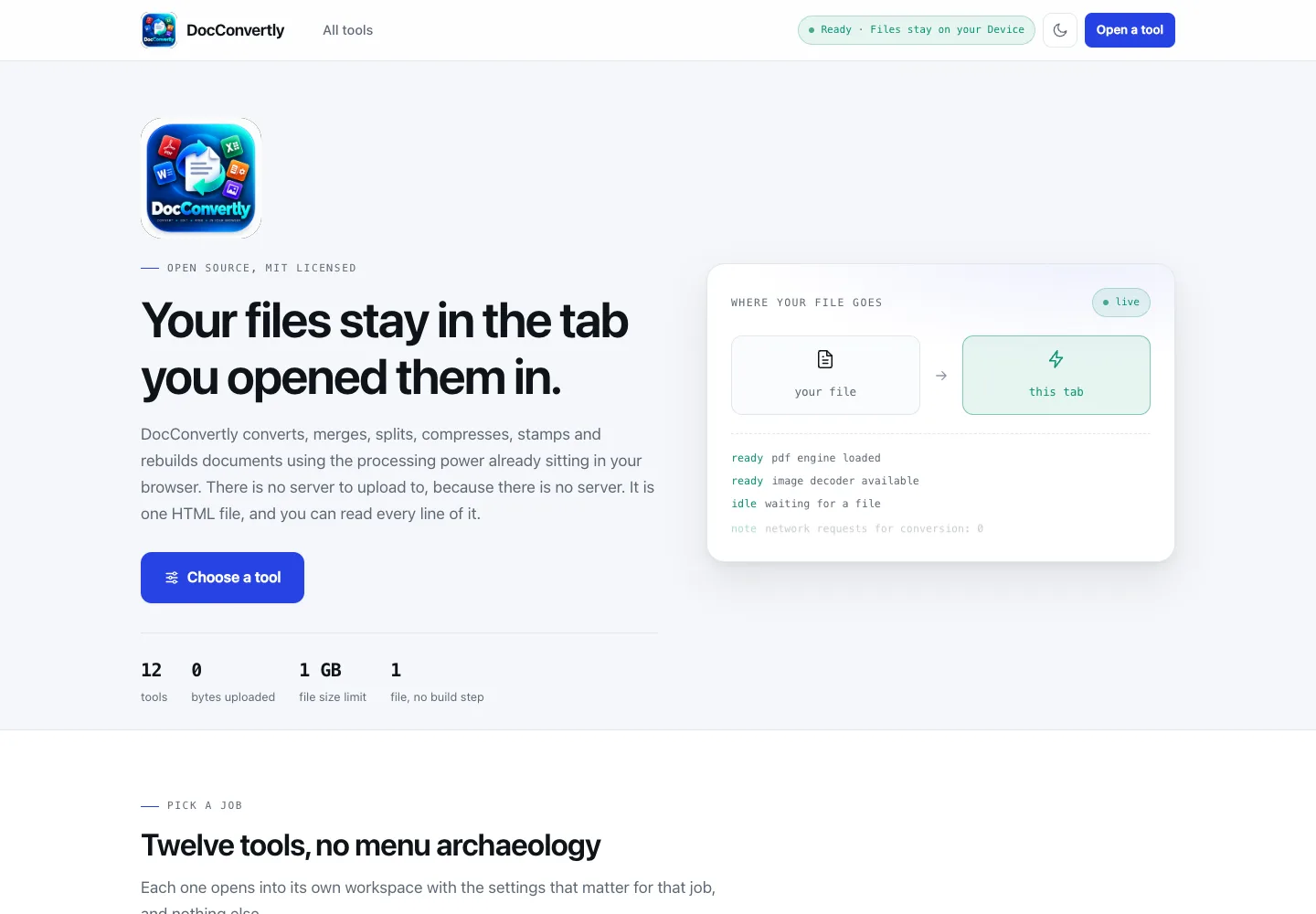 DocConvertly home workspace showing its local processing model and tool launcher