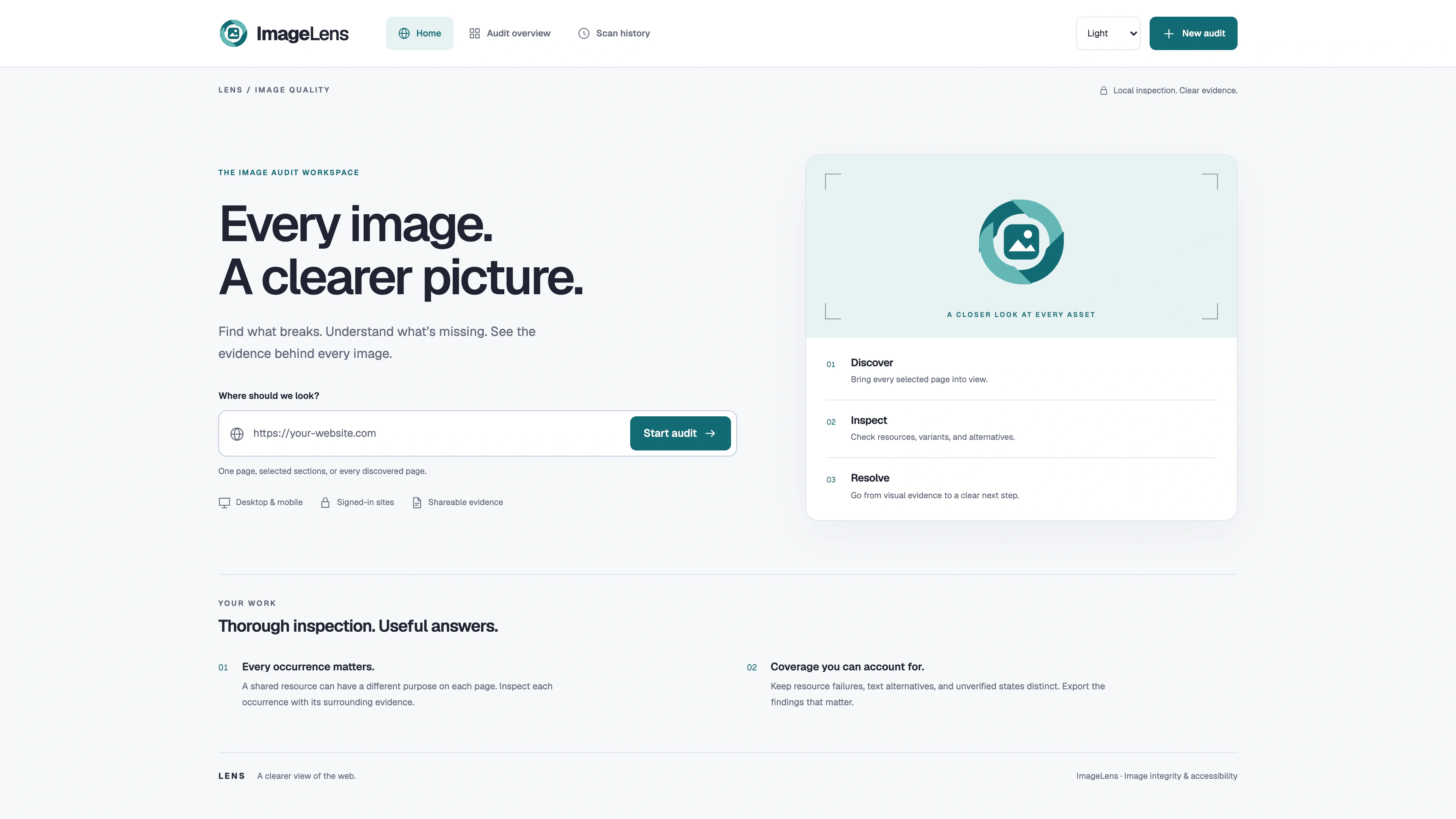 ImageLens light home screen with a URL audit field and the Discover, Inspect, Resolve workflow