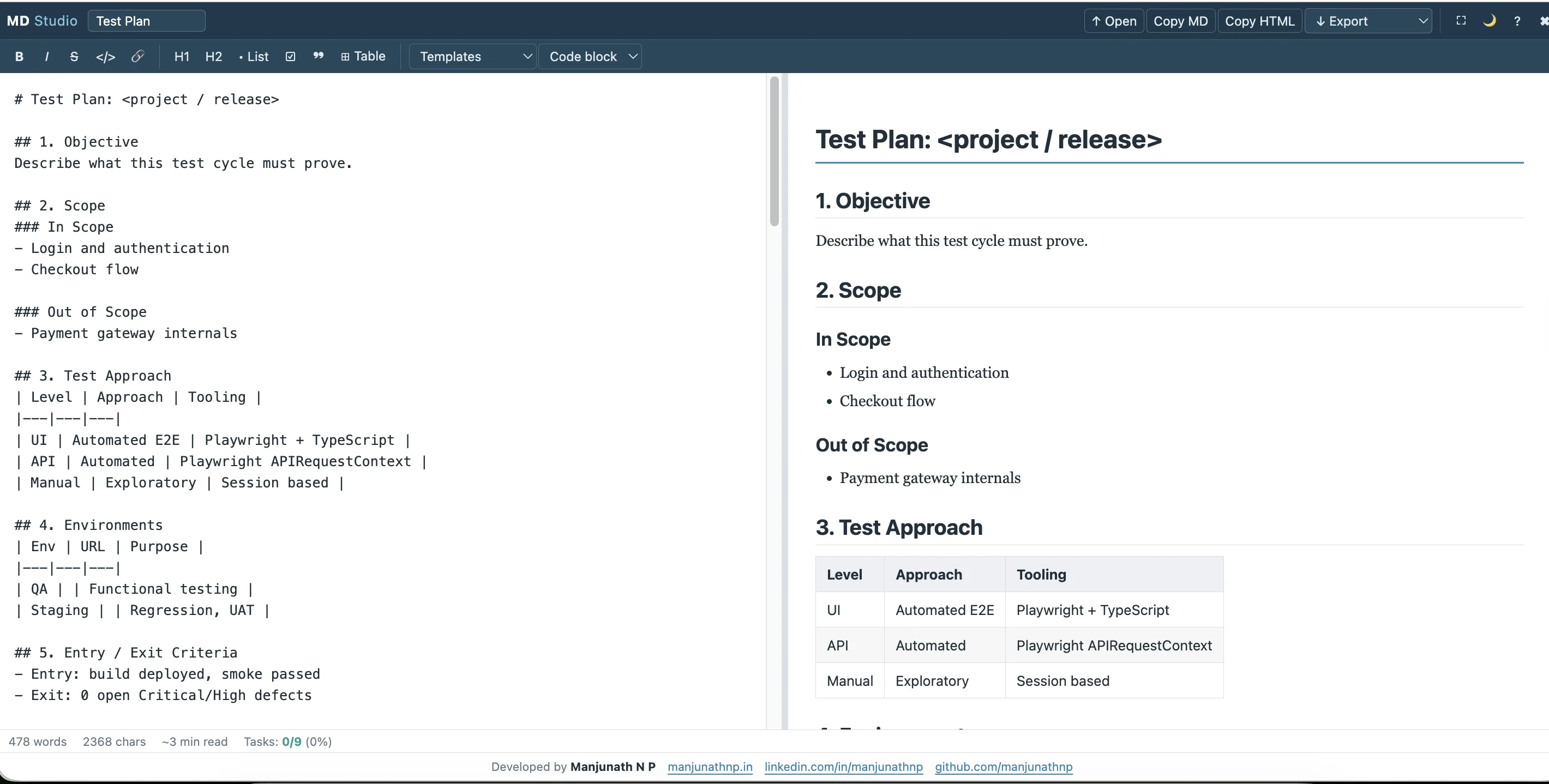 MD Studio light workspace with Markdown source, live preview, formatting controls, statistics, and export actions