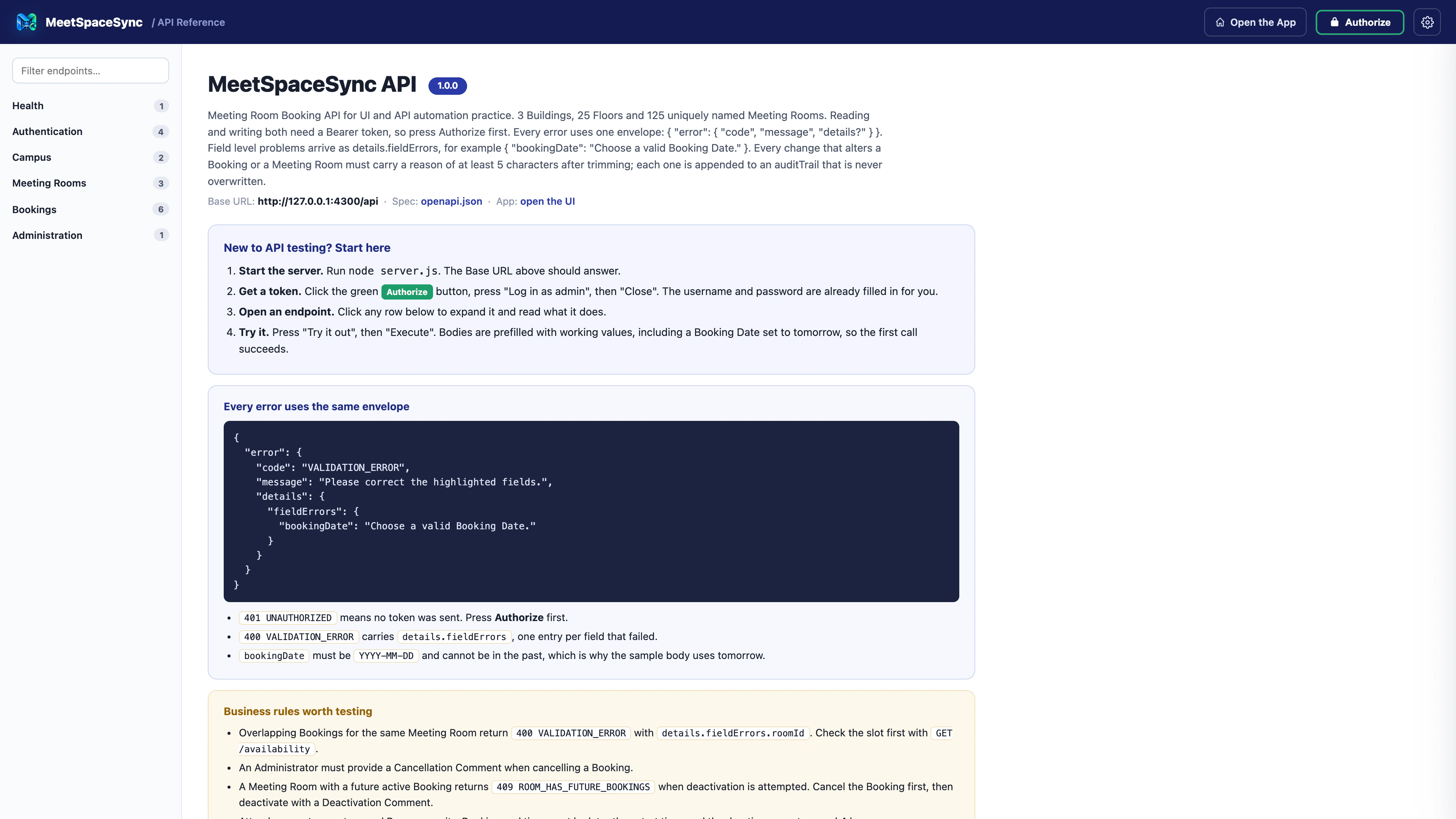 Native 4K MeetSpaceSync interactive API reference with authentication guidance, error envelopes, scheduling rules, and grouped endpoints