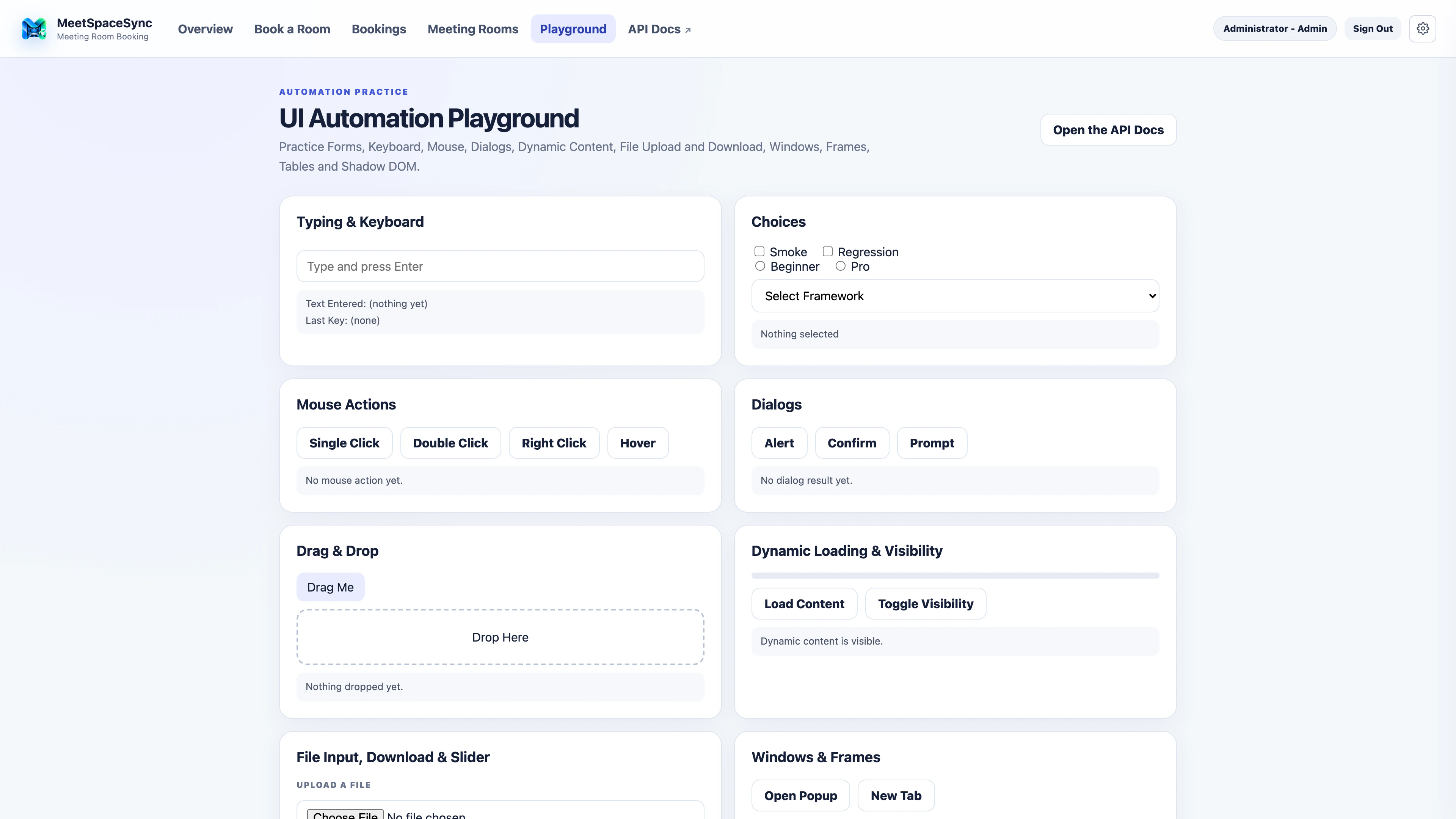 Native 4K MeetSpaceSync automation playground with keyboard, choices, pointer, dialog, drag-and-drop, file, frame, and dynamic-state controls