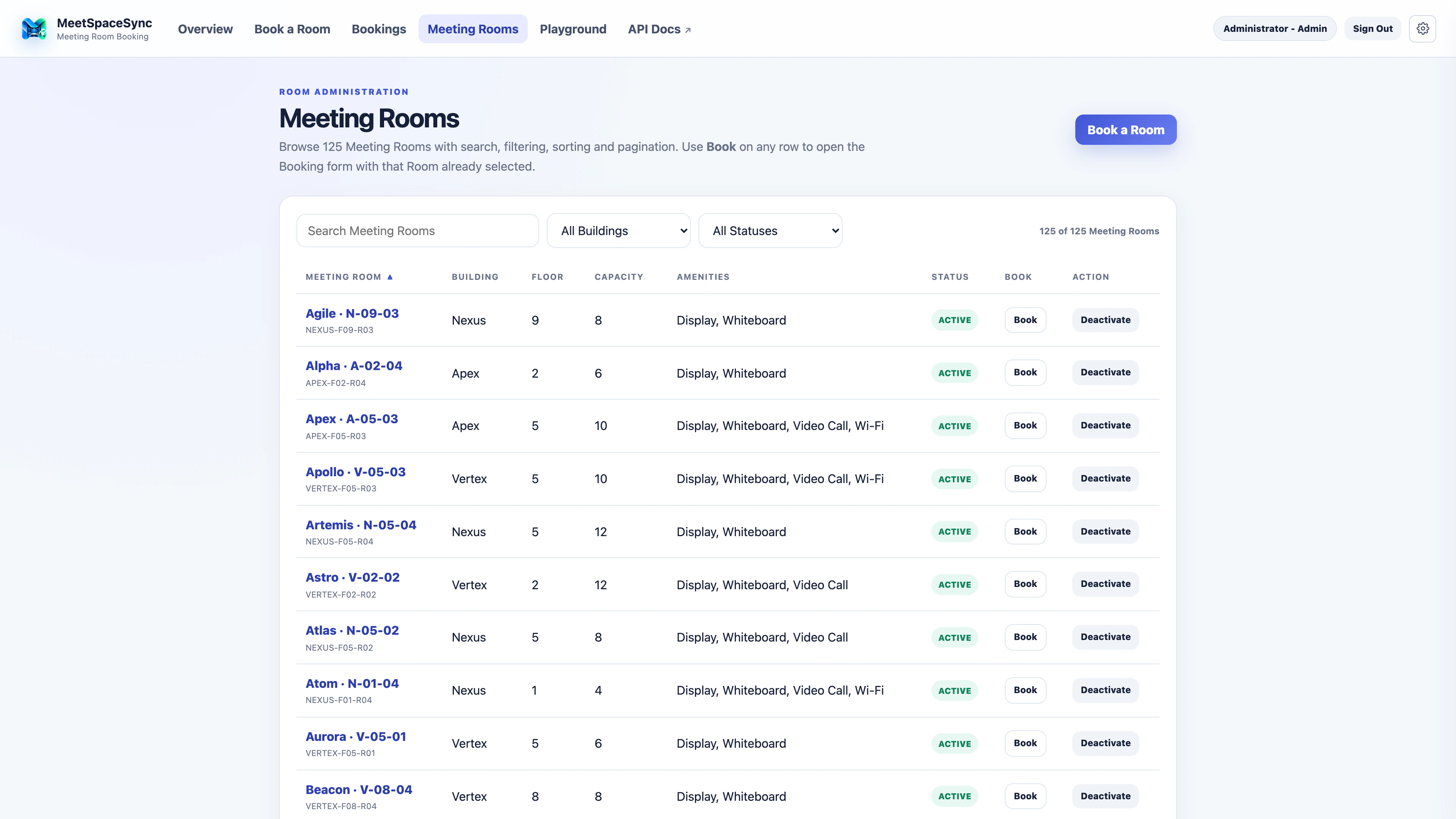 Native 4K MeetSpaceSync room administration table with search, building and status filters, capacity, amenities, booking actions, and room controls